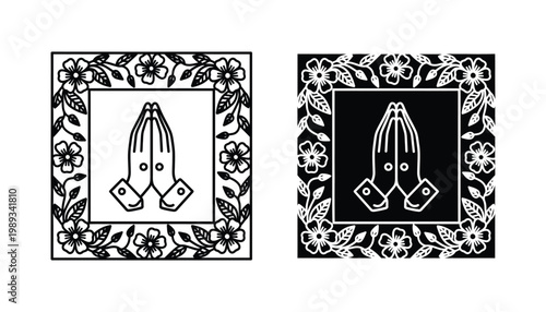 Praying Hands Floral Frame Religious Icon Vector Graphic