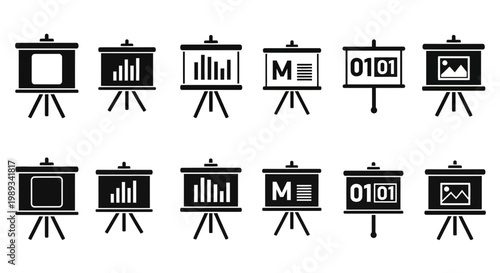фотографія Black and white icons depicting presentation boards with various content and sta
