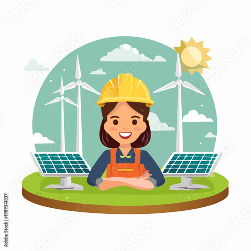 Smiling Female Engineer with Solar Panels and Wind Turbines Representing Renewable Energy