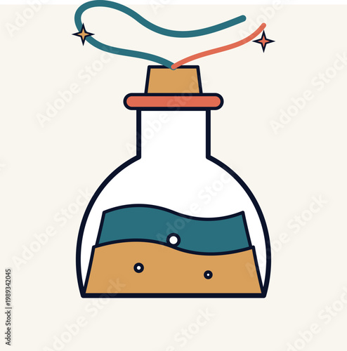 Minimalist flat illustration of a mystical glass bottle filled with bubbling elixir and magical smoke