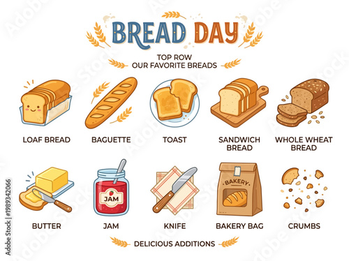 A delightful assortment of freshly baked bread products and delicious accompaniments, perfect for celebrating bread day