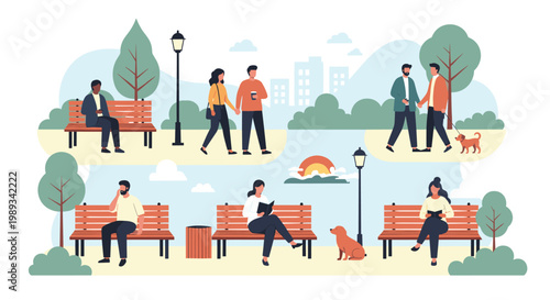 Public park scene with people engaged in different activities such as walking, reading on benches, and talking outdoors during sunset.