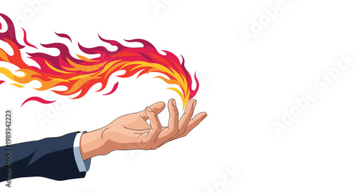 Surreal illustration of a human hand in a formal suit sleeve with vibrant flames of fire erupting from the tips of the fingers.