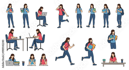 Student life character set featuring a young woman in various school related activities like reading, running, and working on a laptop.