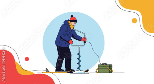 Person dressed in warm winter clothing using a manual ice auger to drill a hole for ice fishing on a frozen lake under a bright sun.