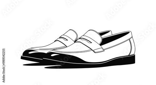 Black and white line art illustration of classic leather loafers shoes showing elegant design and clean stitch details on a plain background.