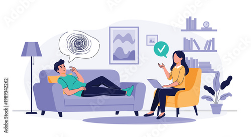 Man lying on a sofa talking to a female psychologist during a therapy session with speech bubbles representing chaotic thoughts.