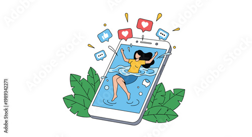 Metaphorical illustration of a woman drowning in social media notification icons inside a smartphone screen surrounded by leaves.