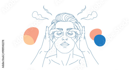 Artistic line drawing of a man closing his eyes and touching his temples to represent stress, headache, or deep concentration concepts.