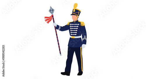 Regal drum major character dressed in a traditional marching band uniform holding a mace against a plain white background.