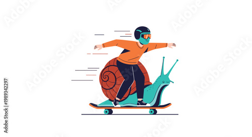 Fast snail moving with a skateboard and a boy in a helmet on its back, creating a fun metaphor for speed and surprising momentum.