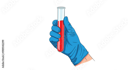 Hand wearing a blue medical glove holding a glass test tube filled with red liquid, representing lab testing, research, and analysis.