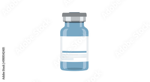 Clear glass medical vial with a gray stopper and a white label contains liquid medicine or a vaccine for healthcare solutions.