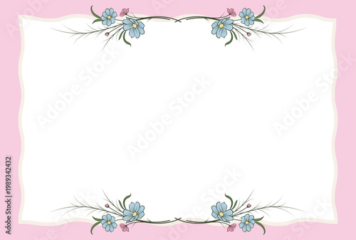 Elegant Vintage Floral Frame Background with Blue Flowers and Soft Pink Border