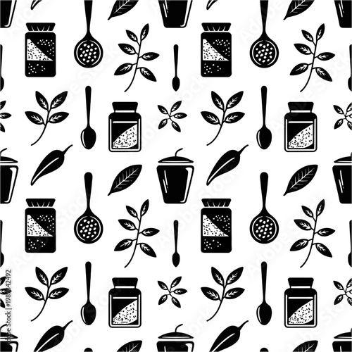 Vector graphic illustration of kitchen utensils and herbs in a repeating pattern design