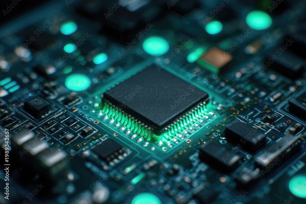 Fototapeta premium A close-up view showcases a central microchip embedded within a complex circuit board, illuminated by vibrant teal accents.