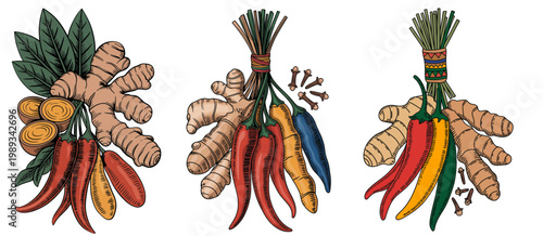 vibrant bundles of herbs and spices with chili peppers and ginger roots on display