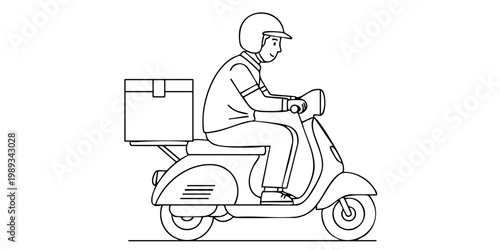 Delivery man rides scooter with box through city streets quickly