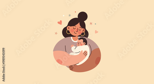 A mother's tender embrace cherishing the precious bond with her newborn baby in a heartwarming illustration