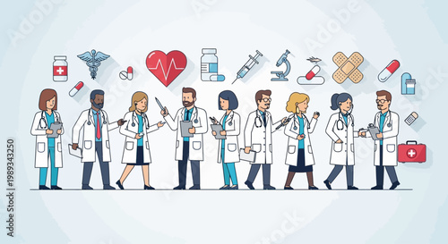 Diverse group of medical professionals in white coats, representing healthcare and medical services, with medical icons