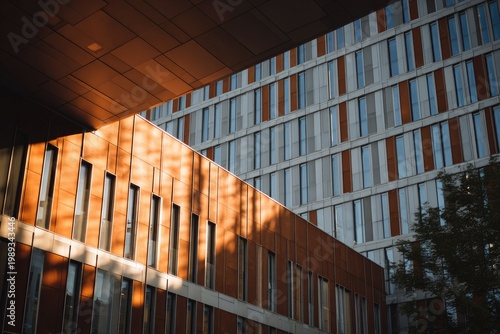 Modern Architectural Facade with Warm Sunlight and Shadow Play.