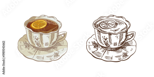 Hand drawn vintage sketch of tea cup with lemon slice in porcelain style color and monochrome illustration