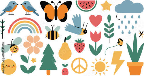 Whimsical nature illustration collection with birds butterfly rainbow fruits and symbols colorful flat minimalist vector elements on white background