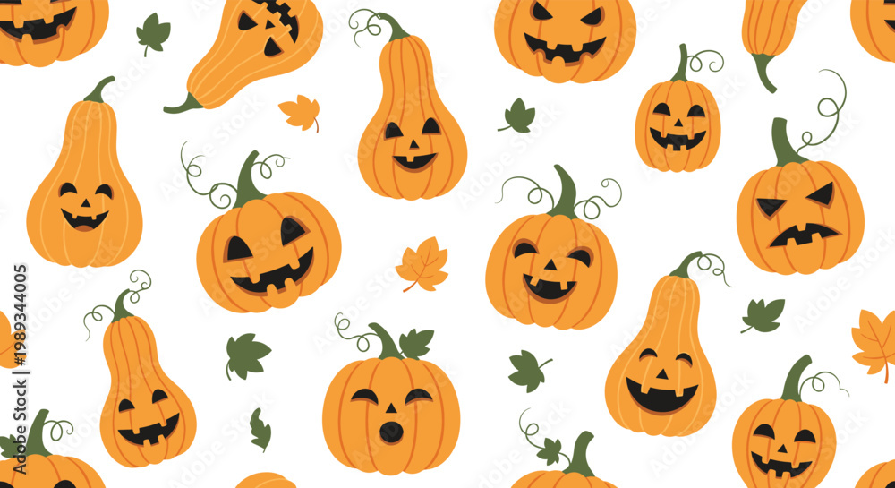 Obraz premium Fun seamless pattern featuring various orange jack o lantern pumpkins with different spooky and silly facial expressions for Halloween.