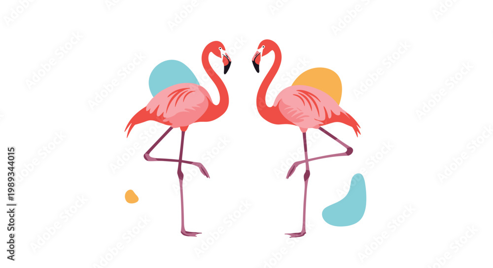 Obraz premium Artistic illustration of two pink flamingos facing each other with abstract colorful shapes representing grace and beauty.