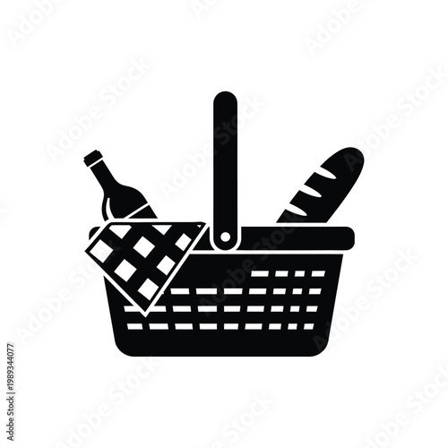 Picnic basket with wine bottle and bread vector icon for outdoor leisure and food theme