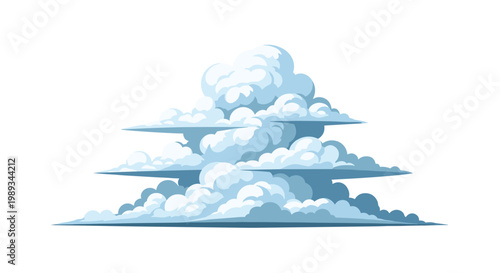 Large cluster of white and blue fluffy cumulus clouds piled up high against a white background to create a dramatic sky scene.
