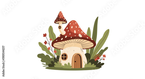 Whimsical mushroom house nestled among green forest leaves and small flowers, charming vector illustration for children and fantasy themes.