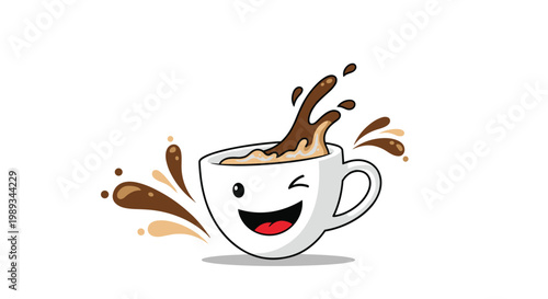 Happy cartoon coffee cup character with a winking face and splashing brown liquid, playful vector icon for cafe and breakfast food concepts.