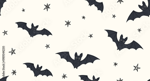 Seamless pattern of cute cartoon bats and hand drawn stars on a cream background, ideal for halloween wallpapers and textile design projects.