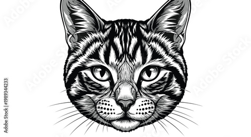 Detailed black and white vector portrait of a cat face with striking tabby patterns, realistic animal illustration for pet care and design.