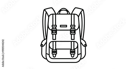 Black and white line art illustration of a classic backpack with multiple compartments and straps, school and travel equipment outline icon.