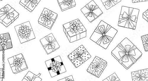 Seamless pattern of various hand drawn gift boxes with decorative ribbons and bows, black and white line art for holiday wrapping and design.