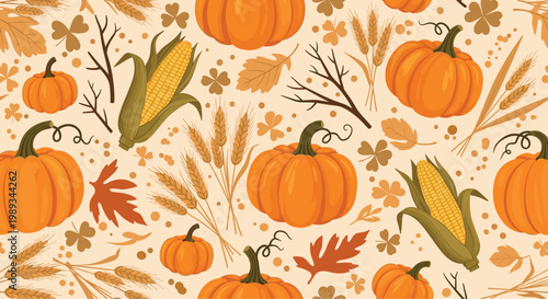 Autumn harvest seamless pattern with pumpkins, corn, wheat stalks, and fall leaves, seasonal vector background for thanksgiving and farm themes.