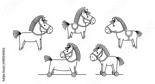Collection of simple line drawings shows different toy horses including those with saddles and horses on wheels for children to play.