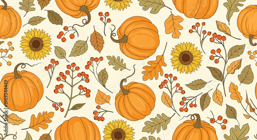 Autumn seamless pattern with vibrant pumpkins, sunflowers, berries, and fallen leaves creates a warm and festive seasonal background.