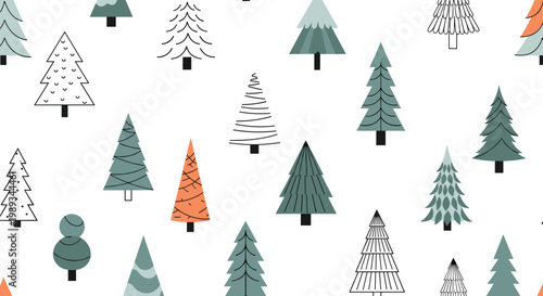 Modern seamless pattern features various stylized pine and fir trees in shades of green and orange on a clean white background.