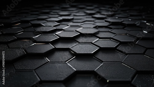 A striking abstract image showcases a repeating pattern of dark, textured hexagons, creating a sense of depth and geometric complexity.