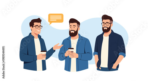 Three stylish men with beards are having a conversation while holding coffee cups in a modern and friendly social setting.
