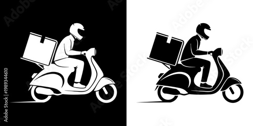 Delivery riders on scooters with boxes in black and white illustrations