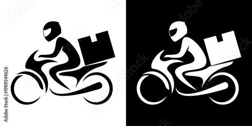 Motorcycle delivery rider transporting packages quickly through city streets at night