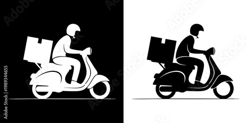 Delivery riders on scooters with boxes in dark and light settings