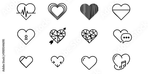 Various heart icons are displayed on a plain surface for design.