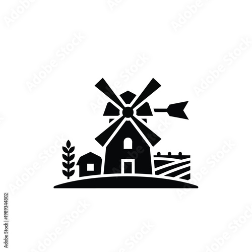 Traditional windmill icon with wheat stalk and farm fields for eco-friendly agricultural branding