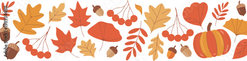 Autumn seamless border pattern with maple leaves acorns berries and pumpkin warm fall colors flat minimalist vector design