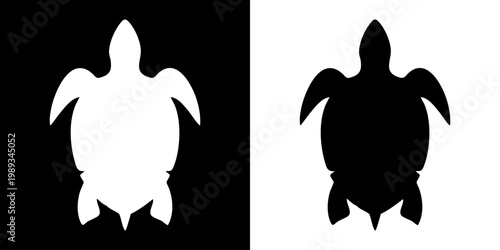 Two turtle silhouettes facing away on black and white backgrounds